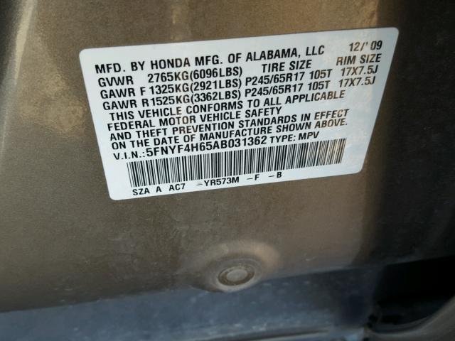 5FNYF4H65AB031362 - 2010 HONDA PILOT EXL TAN photo 10