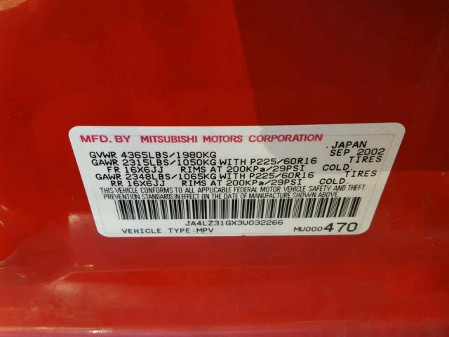 JA4LZ31GX3U032266 - 2003 MITSUBISHI OUTLANDER RED photo 10