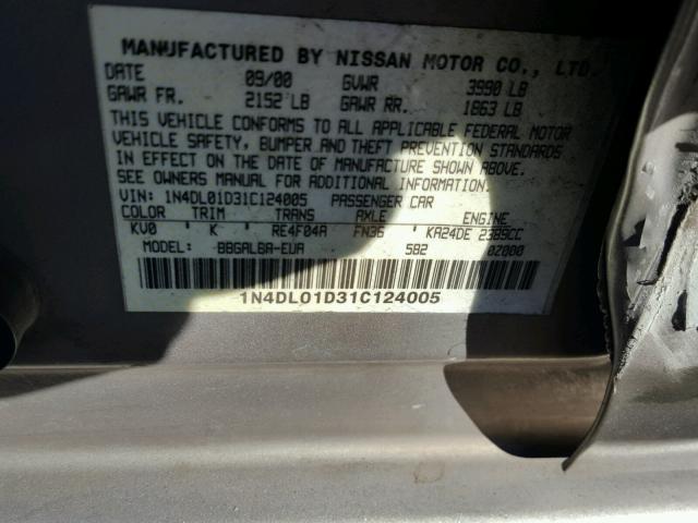 1N4DL01D31C124005 - 2001 NISSAN ALTIMA XE SILVER photo 10