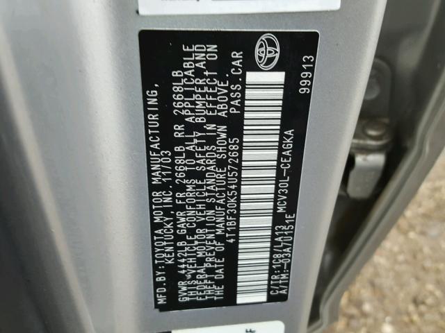 4T1BF30K54U572685 - 2004 TOYOTA CAMRY LE SILVER photo 10