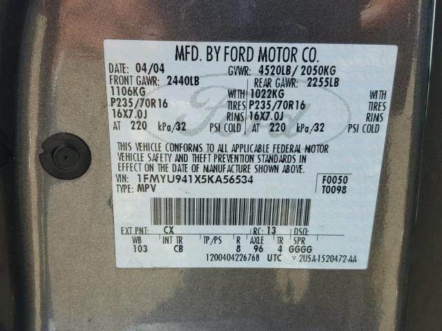 1FMYU941X5KA56534 - 2005 FORD ESCAPE LIM GRAY photo 10