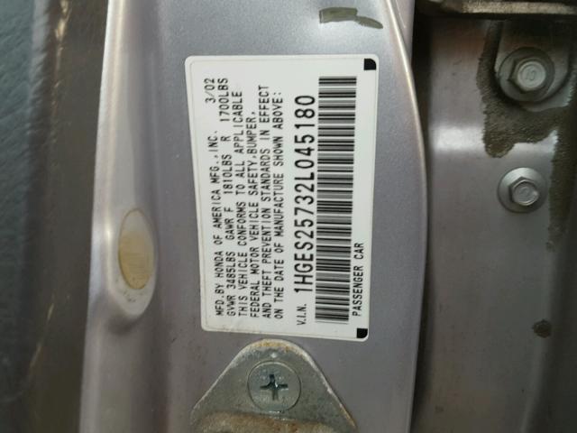 1HGES25732L045180 - 2002 HONDA CIVIC EX SILVER photo 10