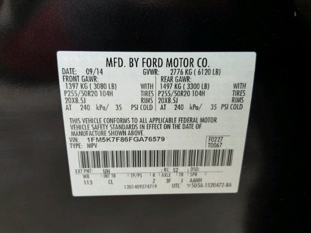 1FM5K7F86FGA76579 - 2015 FORD EXPLORER BLACK photo 10