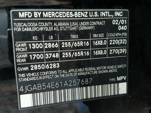 4JGAB54E61A257687 - 2001 MERCEDES-BENZ ML 320 BLACK photo 10