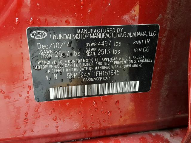 5NPE24AF1FH151645 - 2015 HYUNDAI SONATA SE RED photo 10