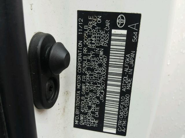 JTKJF5C77D3059987 - 2013 TOYOTA SCION TC 白色 照片 10