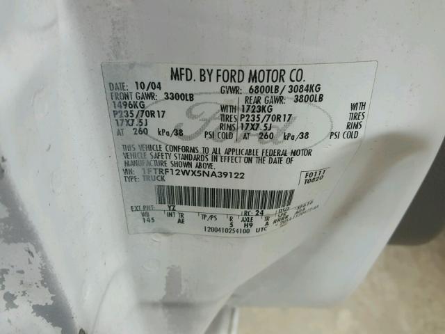 1FTRF12WX5NA39122 - 2005 FORD F150 WHITE photo 10