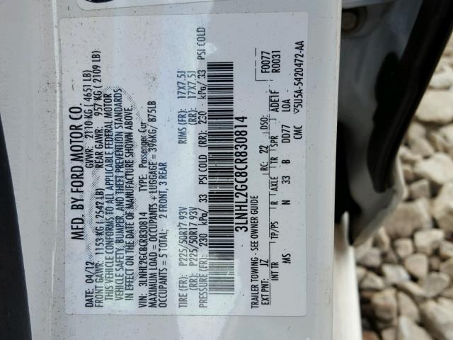 3LNHL2GC8CR830814 - 2012 LINCOLN MKZ თეთრი ფოტო 10