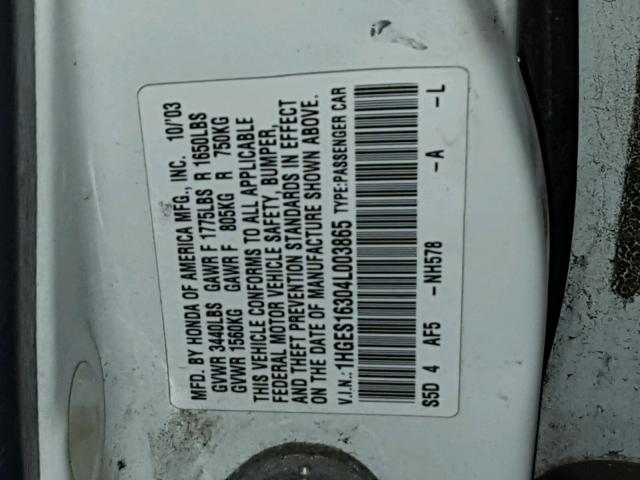 1HGES16304L003865 - 2004 HONDA CIVIC DX V WHITE photo 10