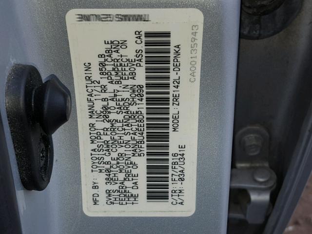 5YFBU4EE8DP114090 - 2013 TOYOTA COROLLA BA SILVER photo 10