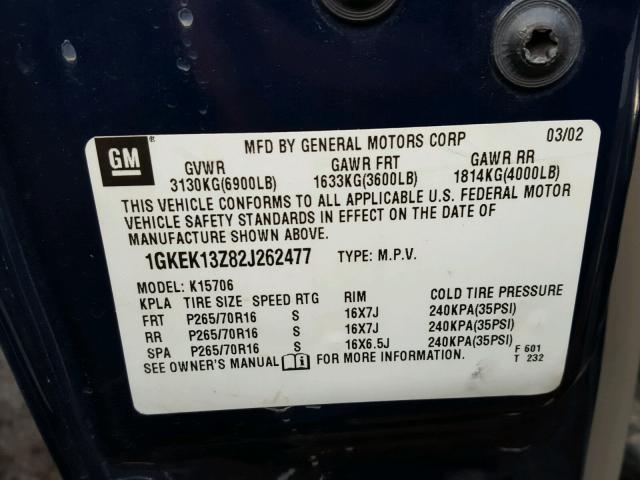 1GKEK13Z82J262477 - 2002 GMC YUKON BLUE photo 10