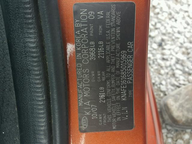 KNAFE161685015969 - 2008 KIA SPECTRA5 5 ORANGE photo 10