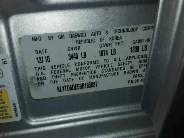 KL1TD6DE5BB185087 - 2011 CHEVROLET AVEO LS SILVER photo 10