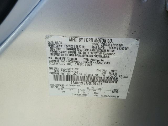 1FAHP2F81FG101481 - 2015 FORD TAURUS LIM GRAY photo 10