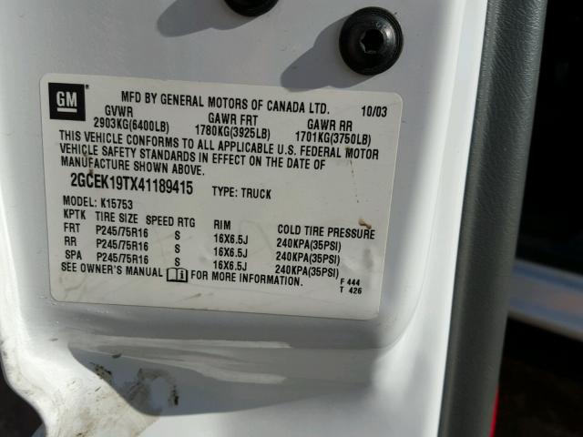 2GCEK19TX41189415 - 2004 CHEVROLET SILVERADO WHITE photo 10