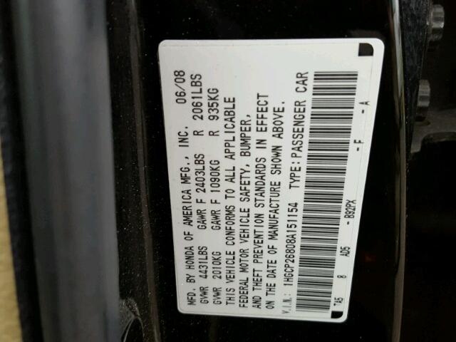 1HGCP26808A151154 - 2008 HONDA ACCORD EXL BLACK photo 10