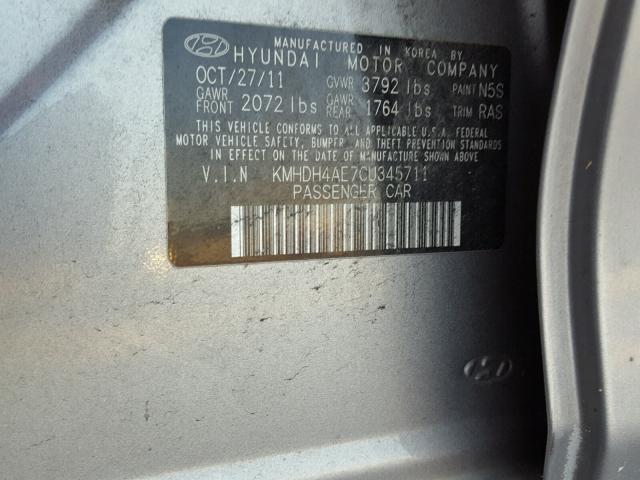 KMHDH4AE7CU345711 - 2012 HYUNDAI ELANTRA GL SILVER photo 10