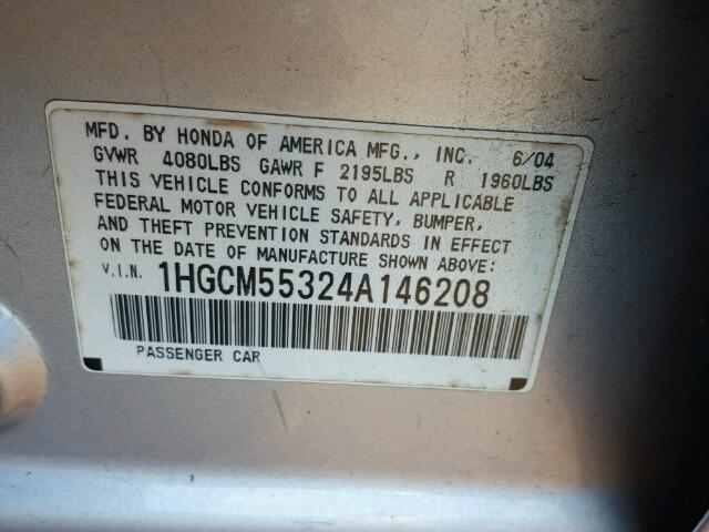 1HGCM55324A146208 - 2004 HONDA ACCORD LX SILVER photo 10