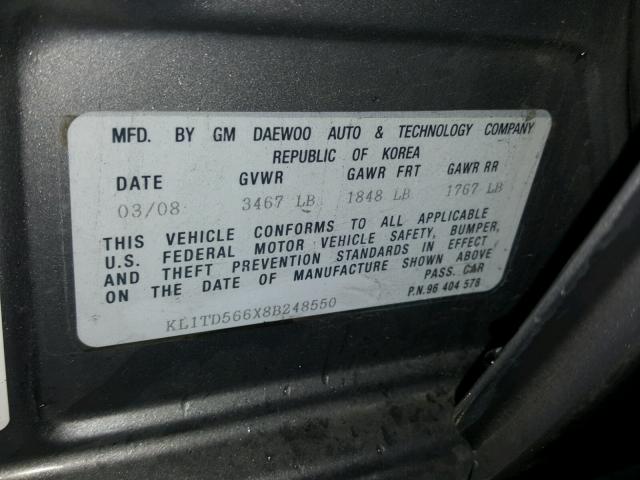 KL1TD566X8B248550 - 2008 CHEVROLET AVEO BASE Srebrny zdjęcie 10