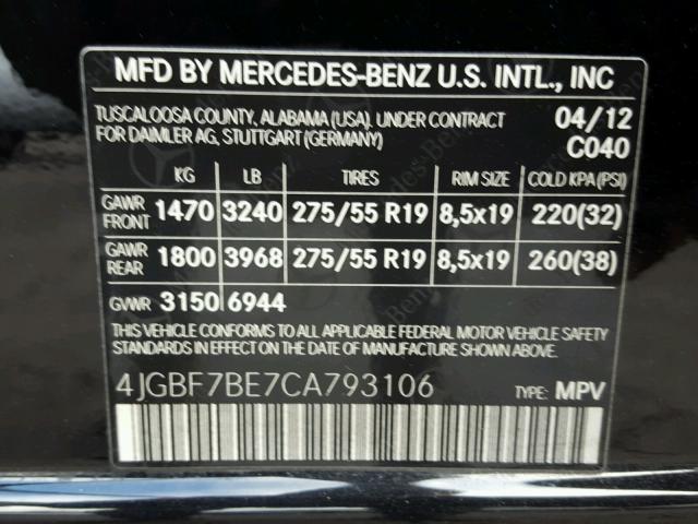 4JGBF7BE7CA793106 - 2012 MERCEDES-BENZ GL 450 4MA BLACK photo 10