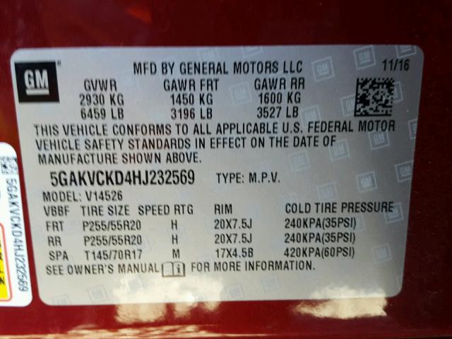 5GAKVCKD4HJ232569 - 2017 BUICK ENCLAVE MAROON photo 10