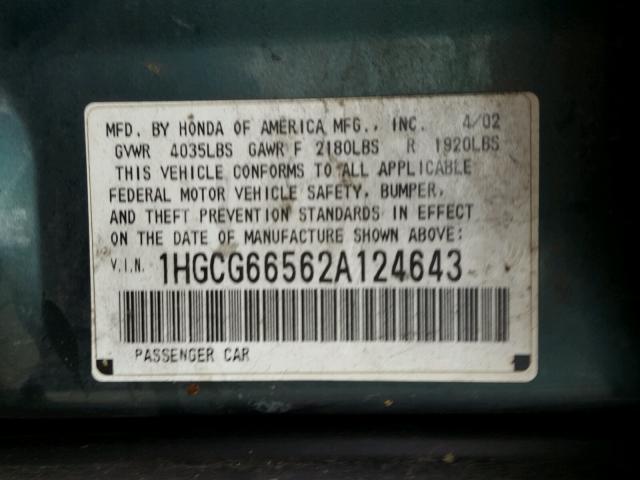 1HGCG66562A124643 - 2002 HONDA ACCORD LX GREEN photo 10