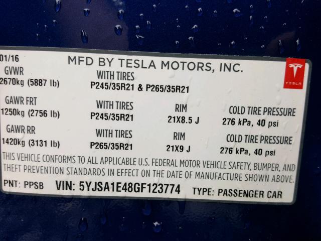 5YJSA1E48GF123774 - 2016 TESLA MODEL S BLUE photo 10