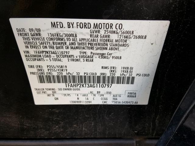 1FAHP2KT3AG110797 - 2010 FORD TAURUS SHO BLACK photo 10