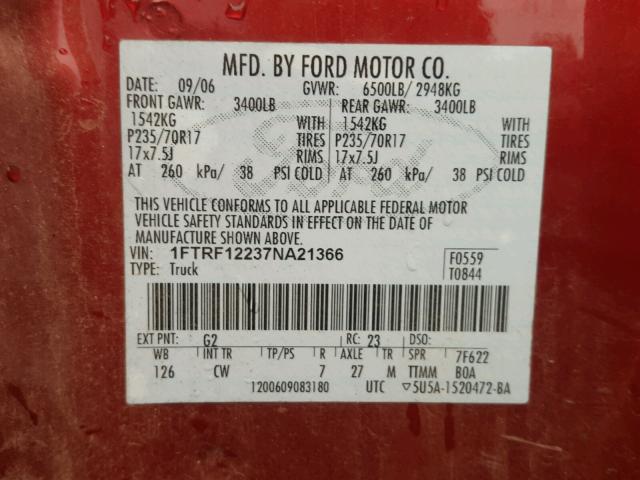 1FTRF12237NA21366 - 2007 FORD F150 MAROON photo 10