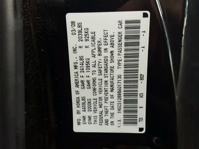 1HGCS12898A017130 - 2008 HONDA ACCORD EXL BLACK photo 10