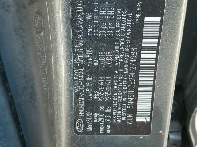 5NMSH13E29H274988 - 2009 HYUNDAI SANTA FE S GRAY photo 10