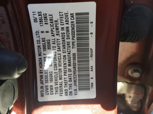 JHMZE2H54BS010606 - 2011 HONDA INSIGHT LX MAROON photo 10