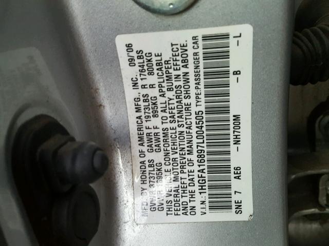 1HGFA16897L004505 - 2007 HONDA CIVIC EX GRAY photo 10