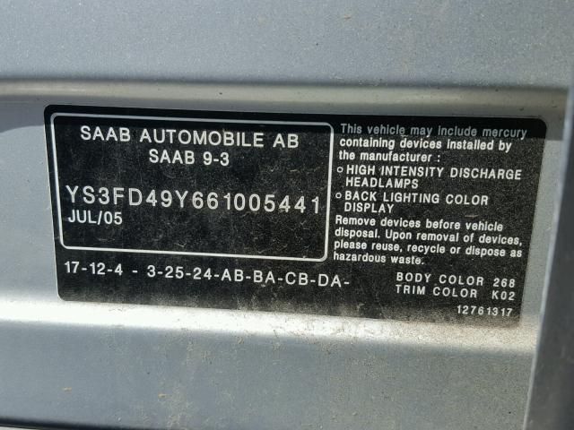 YS3FD49Y661005441 - 2006 SAAB 9-3 BASE SILVER photo 10