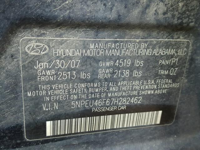 5NPEU46F67H282462 - 2007 HYUNDAI SONATA BLUE photo 10