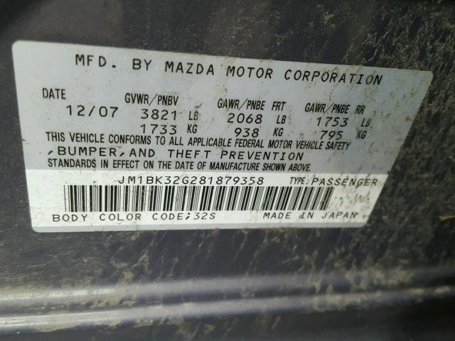 JM1BK32G281879358 - 2008 MAZDA 3 I GRAY photo 10