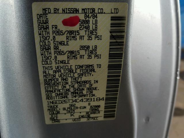 1N6ED26T34C439184 - 2004 NISSAN FRONTIER K GRAY photo 10