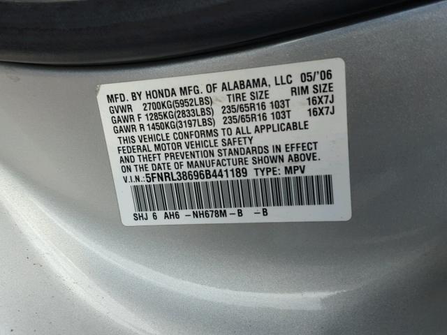 5FNRL38696B441189 - 2006 HONDA ODYSSEY EX SILVER photo 10