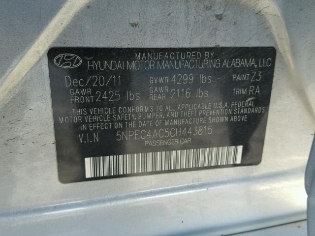 5NPEC4AC5CH443815 - 2012 HYUNDAI SONATA SE SILVER photo 10