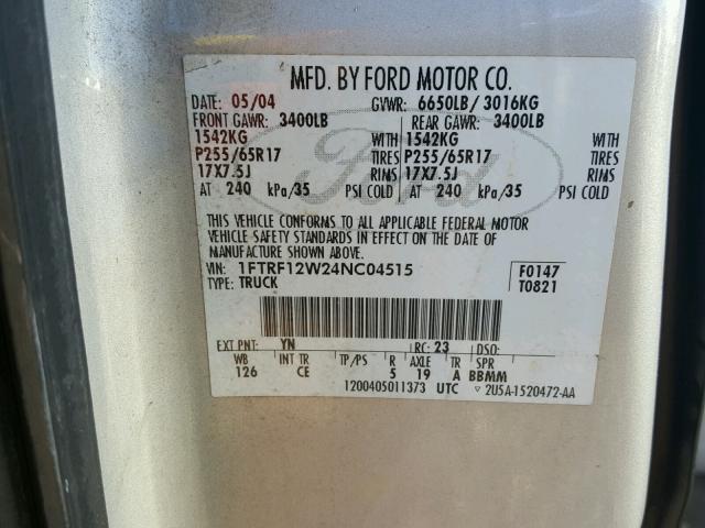 1FTRF12W24NC04515 - 2004 FORD F150 SILVER photo 10