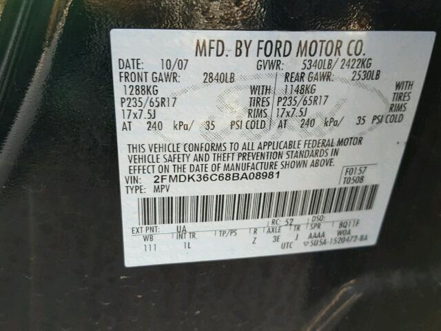 2FMDK36C68BA08981 - 2008 FORD EDGE SE BLACK photo 10