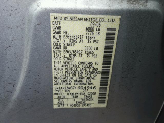 5N1AR18W37C604946 - 2007 NISSAN PATHFINDER SILVER photo 10