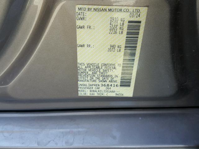 1N4AL3AP4EN368416 - 2014 NISSAN ALTIMA 2.5 GRAY photo 10