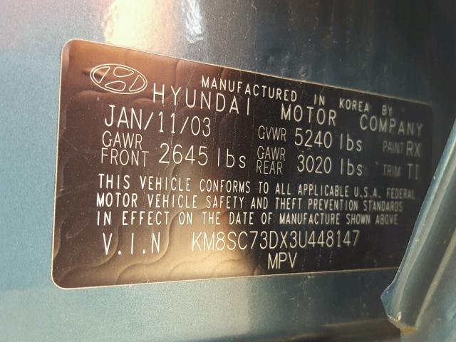 KM8SC73DX3U448147 - 2003 HYUNDAI SANTA FE GREEN photo 10