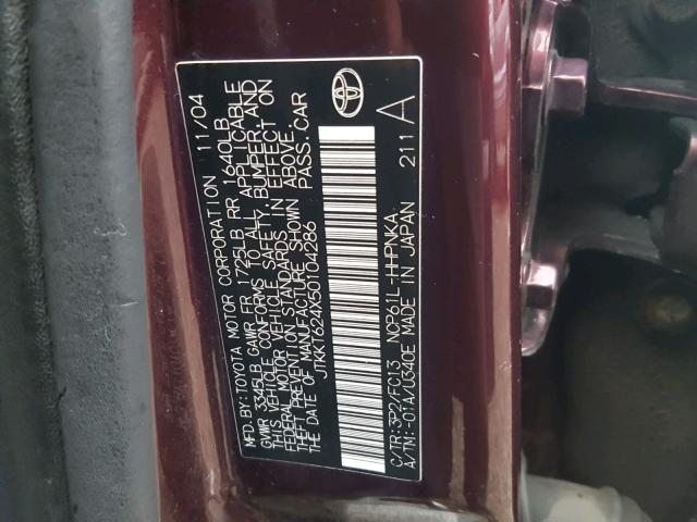 JTKKT624X50104286 - 2005 TOYOTA SCION XA ბურგუნდია ფოტო 10