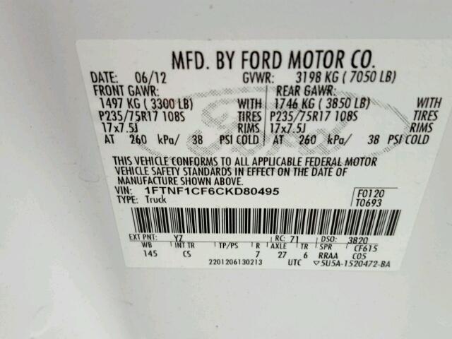 1FTNF1CF6CKD80495 - 2012 FORD F150 Biały zdjęcie 10