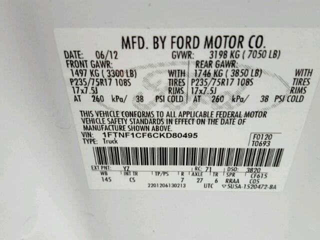 1FTNF1CF6CKD80495 - 2012 FORD F150 WHITE photo 10