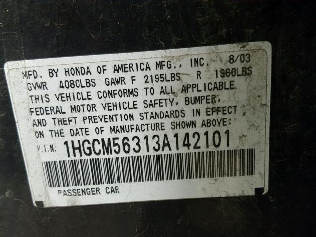 1HGCM56313A142101 - 2003 HONDA ACCORD LX GRAY photo 10