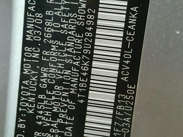 4T1BE46K79U284982 - 2009 TOYOTA CAMRY BASE ვერცხლისფერი ფოტო 10