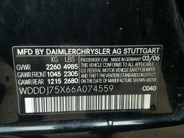 WDDDJ75X66A074559 - 2006 MERCEDES-BENZ CLS 500C BLACK photo 10